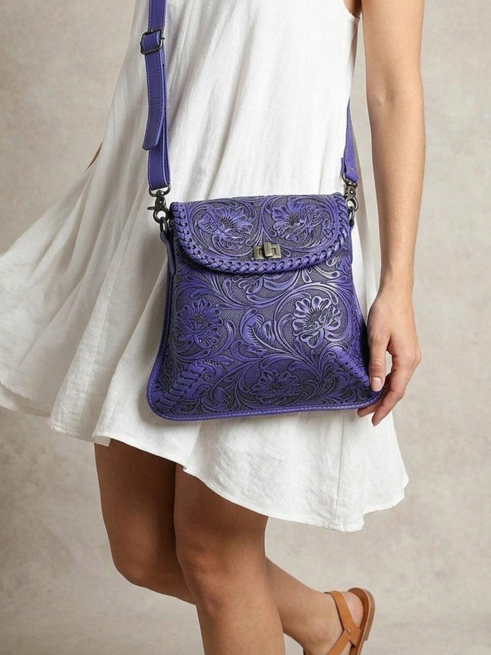 American Darling Hand-Tooled Floral Purple Leather Crossbody Bag |